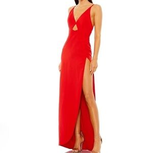 Ieena‎ Mac Duggal Red Thin Strap Cutout V-Neck High Slit Gown Dress 27434